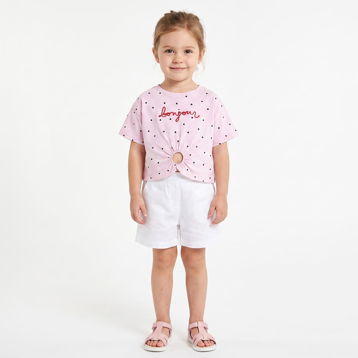 Baby Girls Pink Cotton Polka Dot Knit Top With Bonjour Embroidery Regular Fit Casual Wear