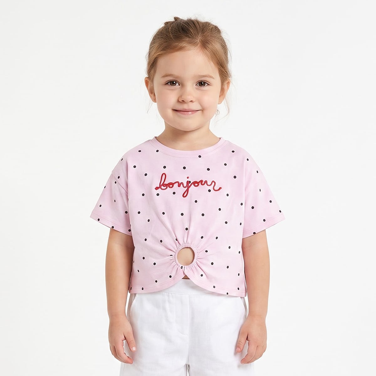 Baby Girls Pink Cotton Polka Dot Knit Top With Bonjour Embroidery Regular Fit Casual Wear