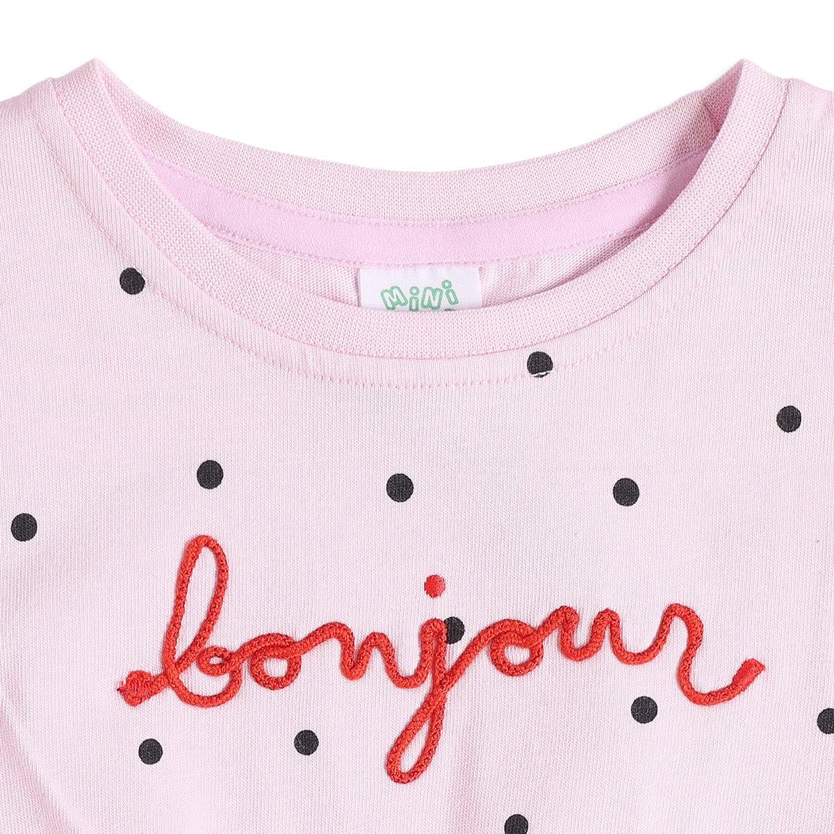 Baby Girls Pink Cotton Polka Dot Knit Top With Bonjour Embroidery Regular Fit Casual Wear