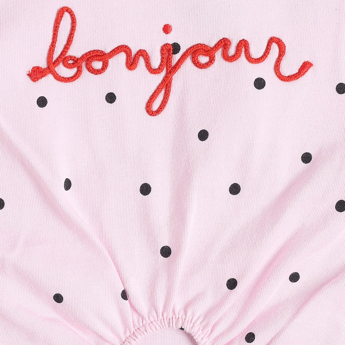 Baby Girls Pink Cotton Polka Dot Knit Top With Bonjour Embroidery Regular Fit Casual Wear