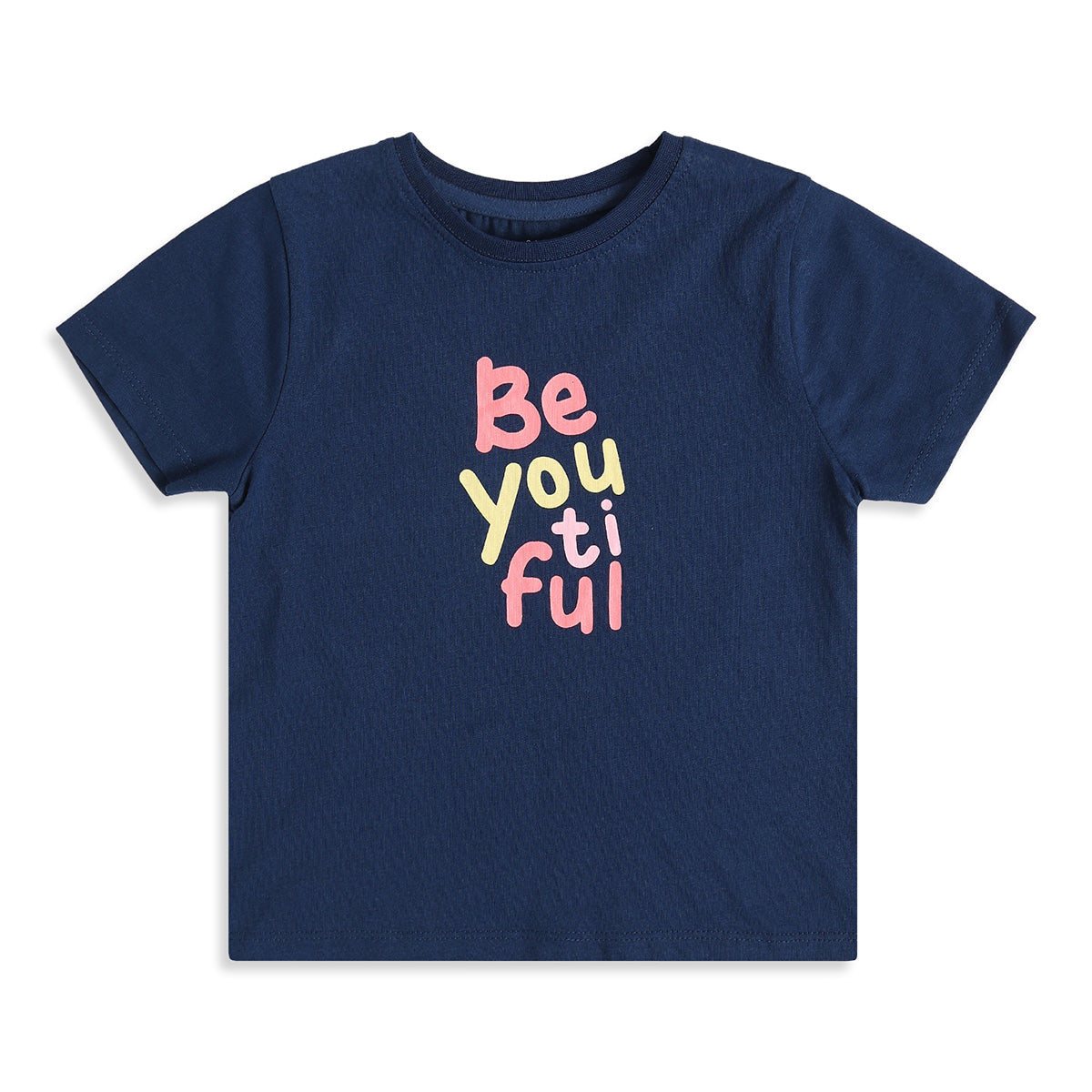 Girls Navy Blue Cotton Slogan Graphic T-Shirt Regular Fit Casual Kids T-Shirt
