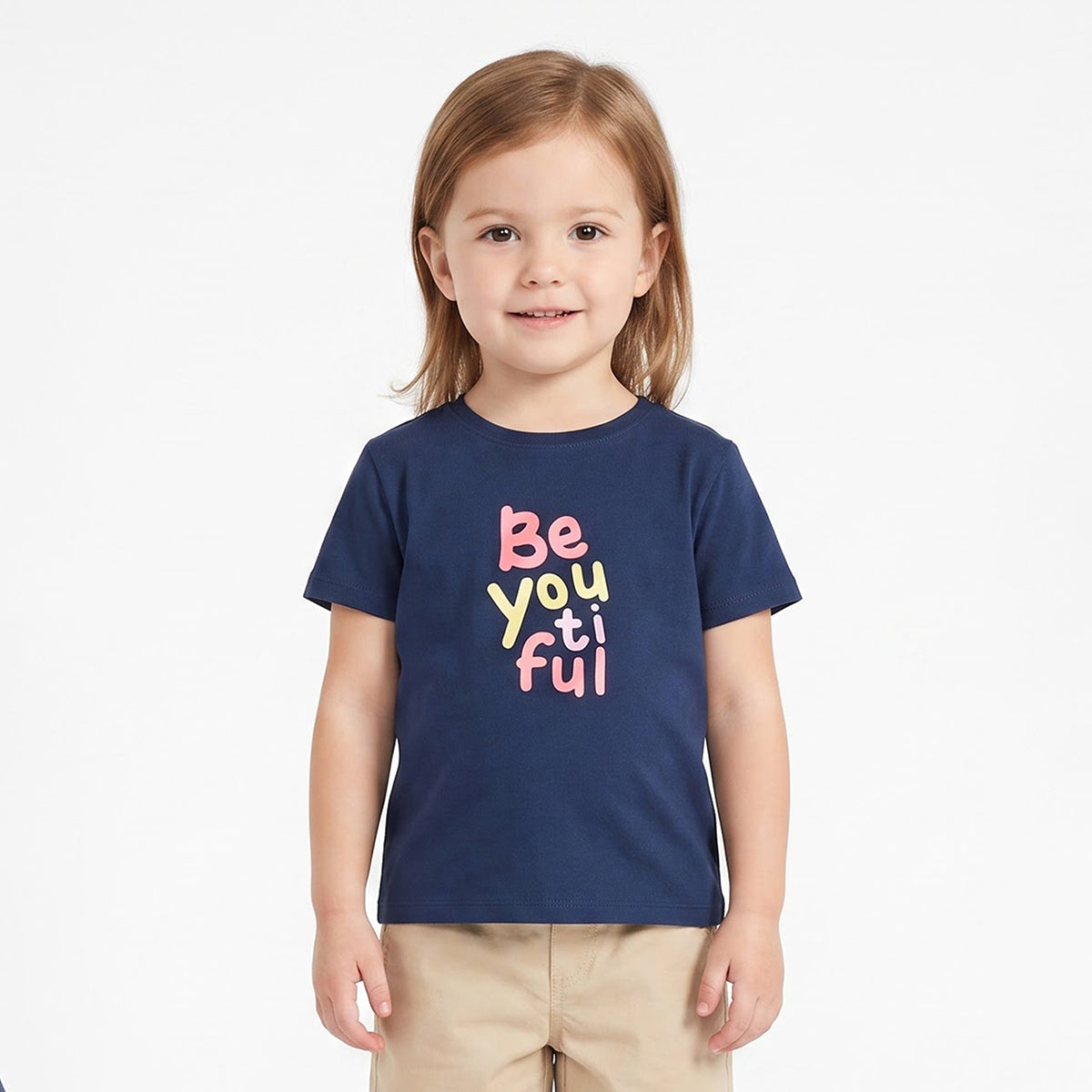 Girls Navy Blue Cotton Slogan Graphic T-Shirt Regular Fit Casual Kids T-Shirt