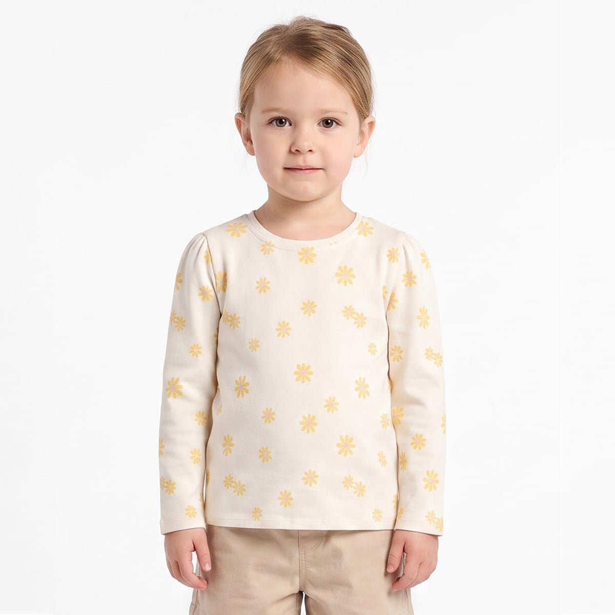Baby Girls Off White Cotton Blend Floral Print T Shirt Regular Fit