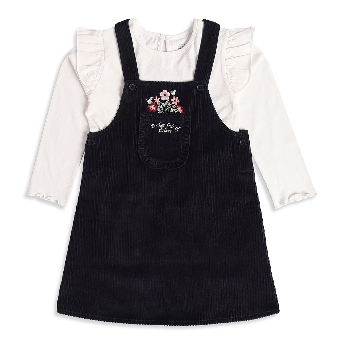 Baby Girls Black and White Cotton Blend Floral Embroidered Pinafore Set Regular Fit Casual Wear