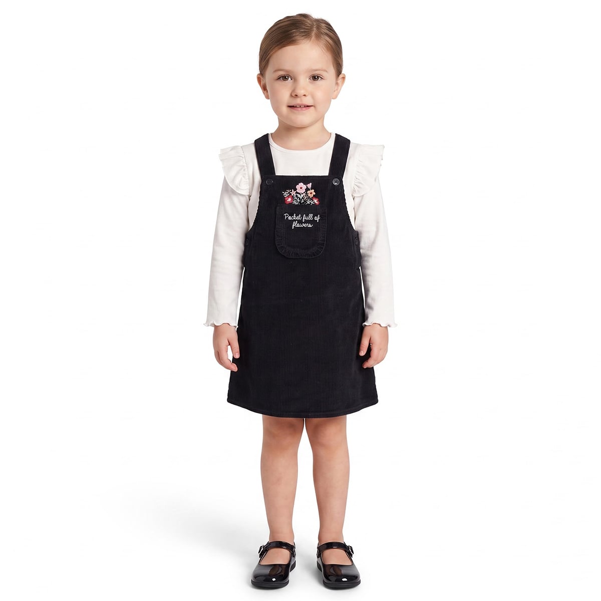 Baby Girls Black and White Cotton Blend Floral Embroidered Pinafore Set Regular Fit Casual Wear