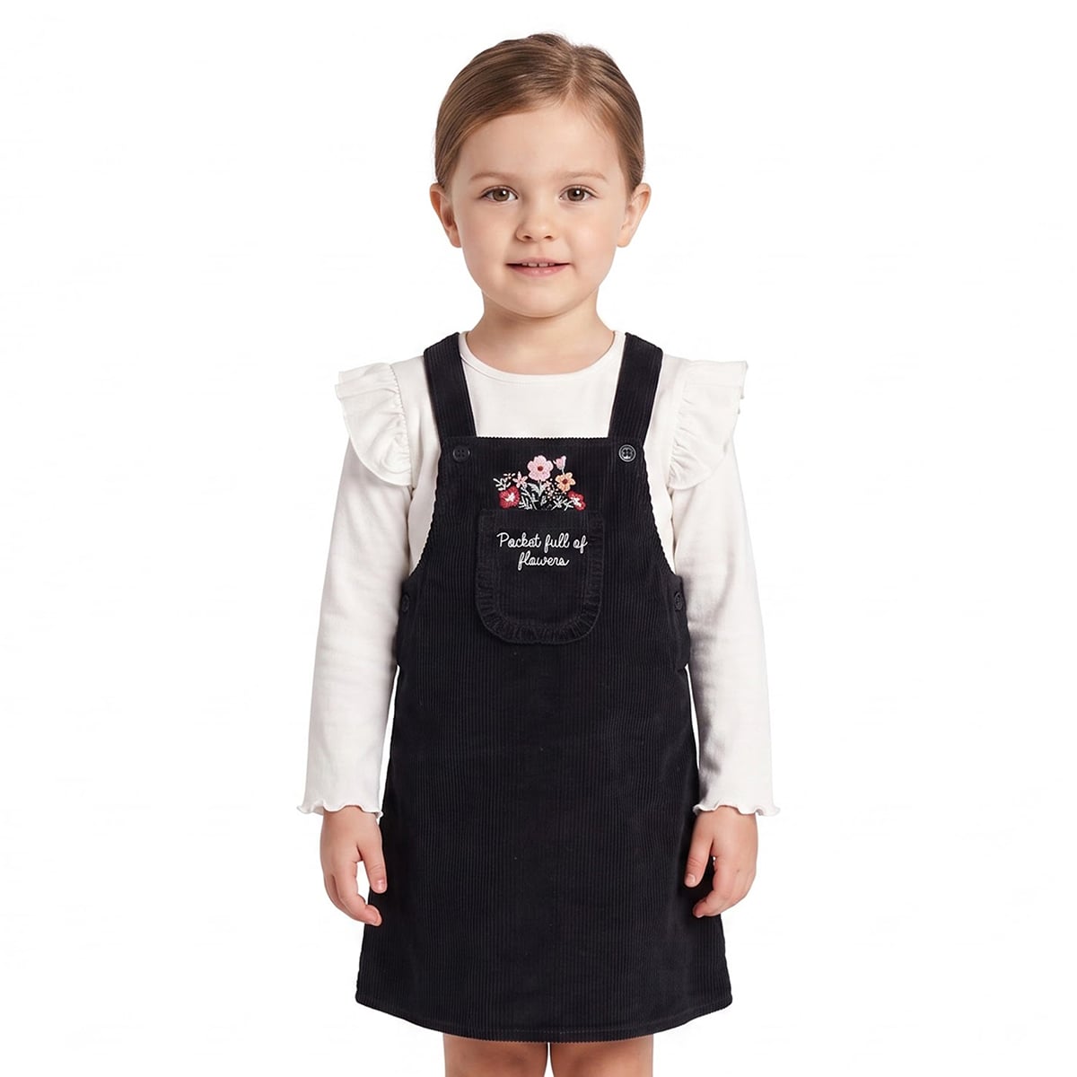 Baby Girls Black and White Cotton Blend Floral Embroidered Pinafore Set Regular Fit Casual Wear