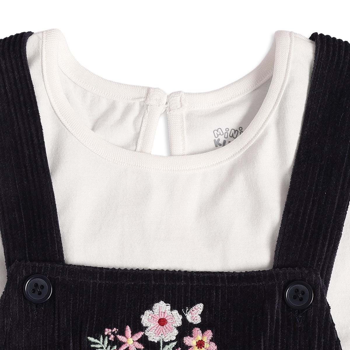 Baby Girls Black and White Cotton Blend Floral Embroidered Pinafore Set Regular Fit Casual Wear