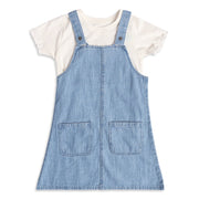Baby Girls Blue and Off-White Cotton Blend Denim Pinafore Set Regular Fit Casual Wear
