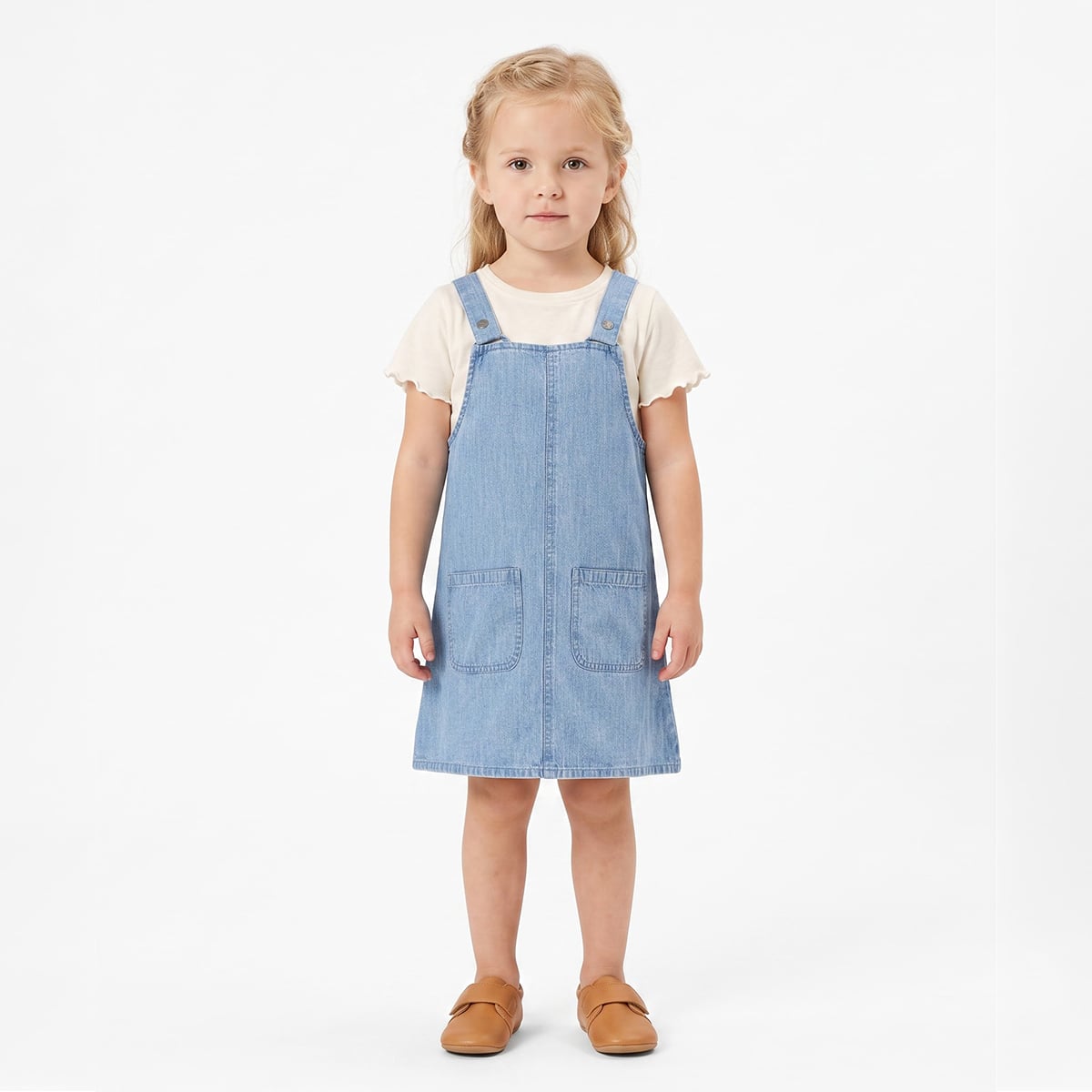 Baby Girls Blue and Off-White Cotton Blend Denim Pinafore Set Regular Fit Casual Wear