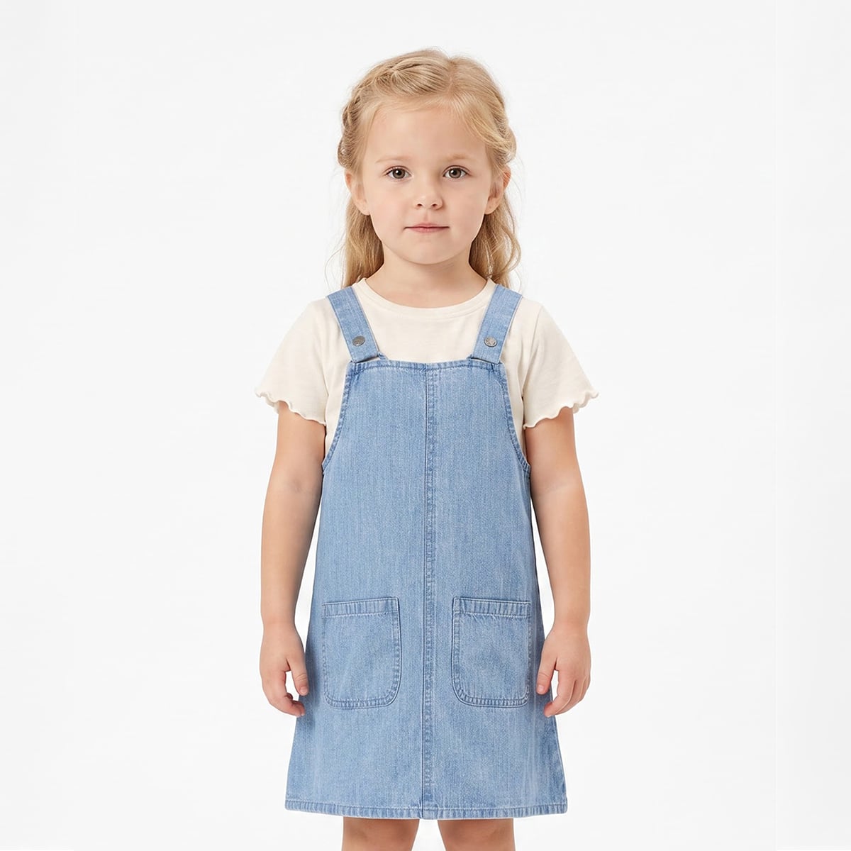 Baby Girls Blue and Off-White Cotton Blend Denim Pinafore Set Regular Fit Casual Wear