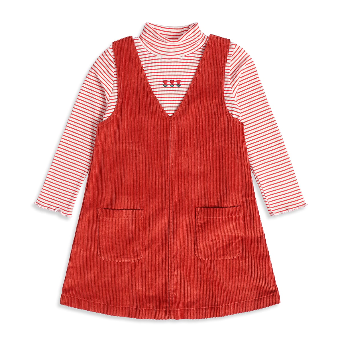 Baby Girls Red and White Striped Floral Embroidered Pinafore Set