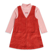 Baby Girls Red and White Striped Floral Embroidered Pinafore Set