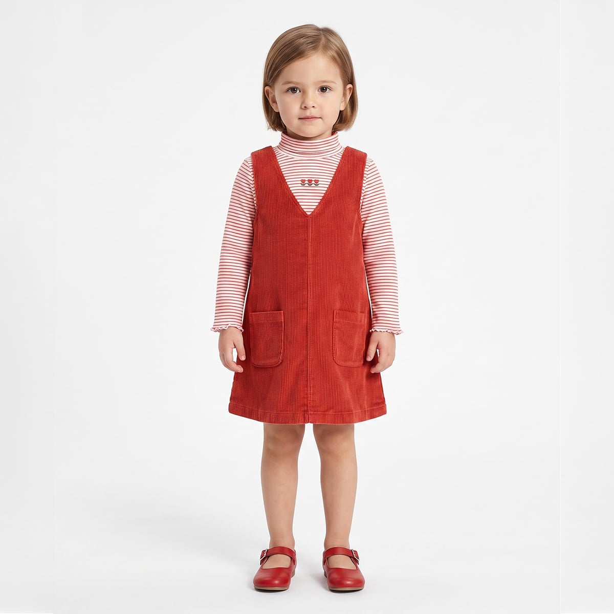 Baby Girls Red and White Striped Floral Embroidered Pinafore Set