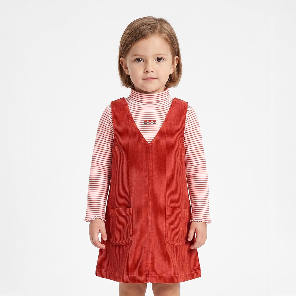 Baby Girls Red and White Striped Floral Embroidered Pinafore Set