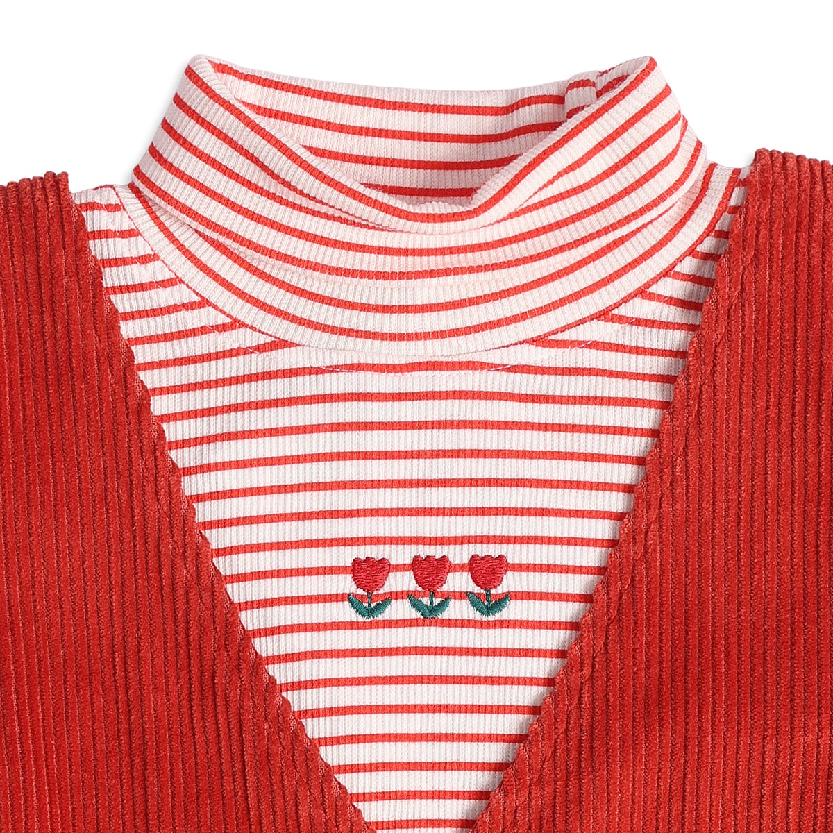 Baby Girls Red and White Striped Floral Embroidered Pinafore Set