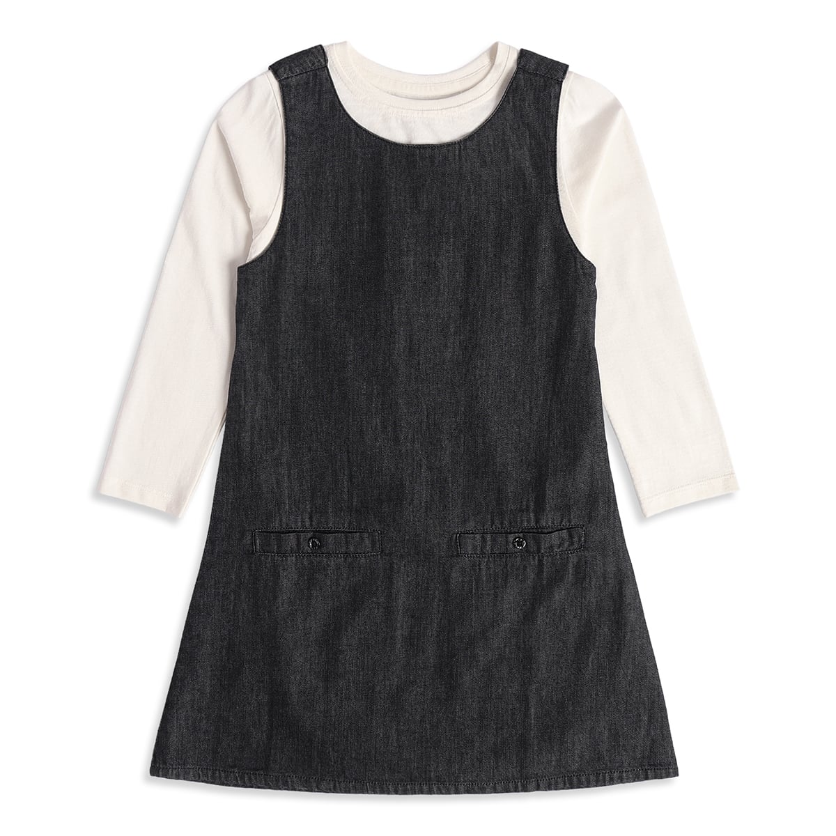 Baby Girls Black and Off-White Cotton Blend Denim Pinafore Set Regular Fit Casual Wear