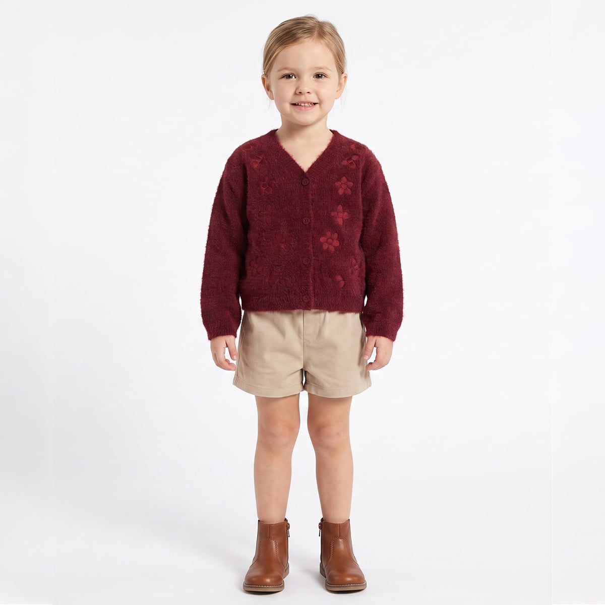 Baby Girls Maroon Acrylic Blend Floral Embroidered Shrug Regular Fit Casual Wear