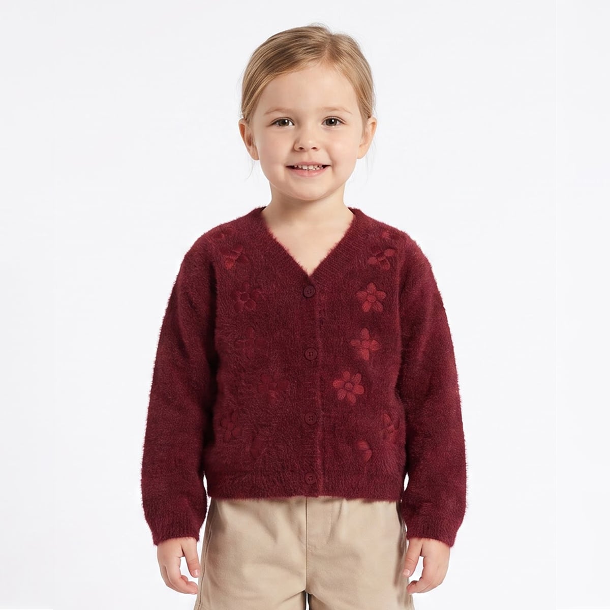 Baby Girls Maroon Acrylic Blend Floral Embroidered Shrug Regular Fit Casual Wear