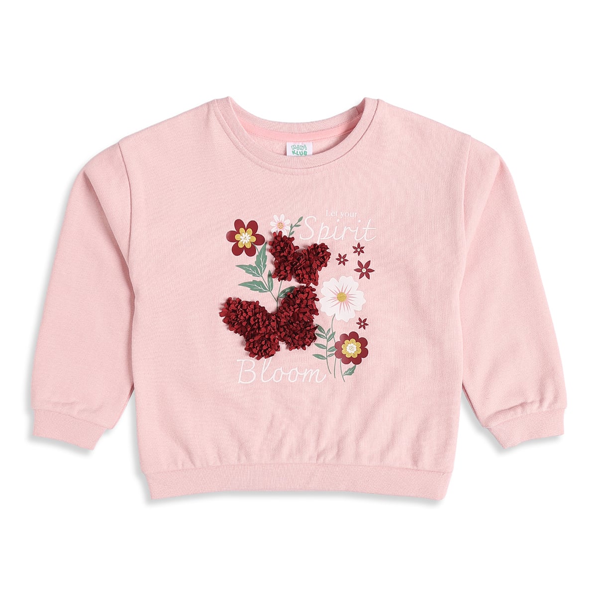 Baby Girls Pink Cotton Blend Floral Print Sweatshirt With 3D Butterfly Applique Regular Fit Casual Wear