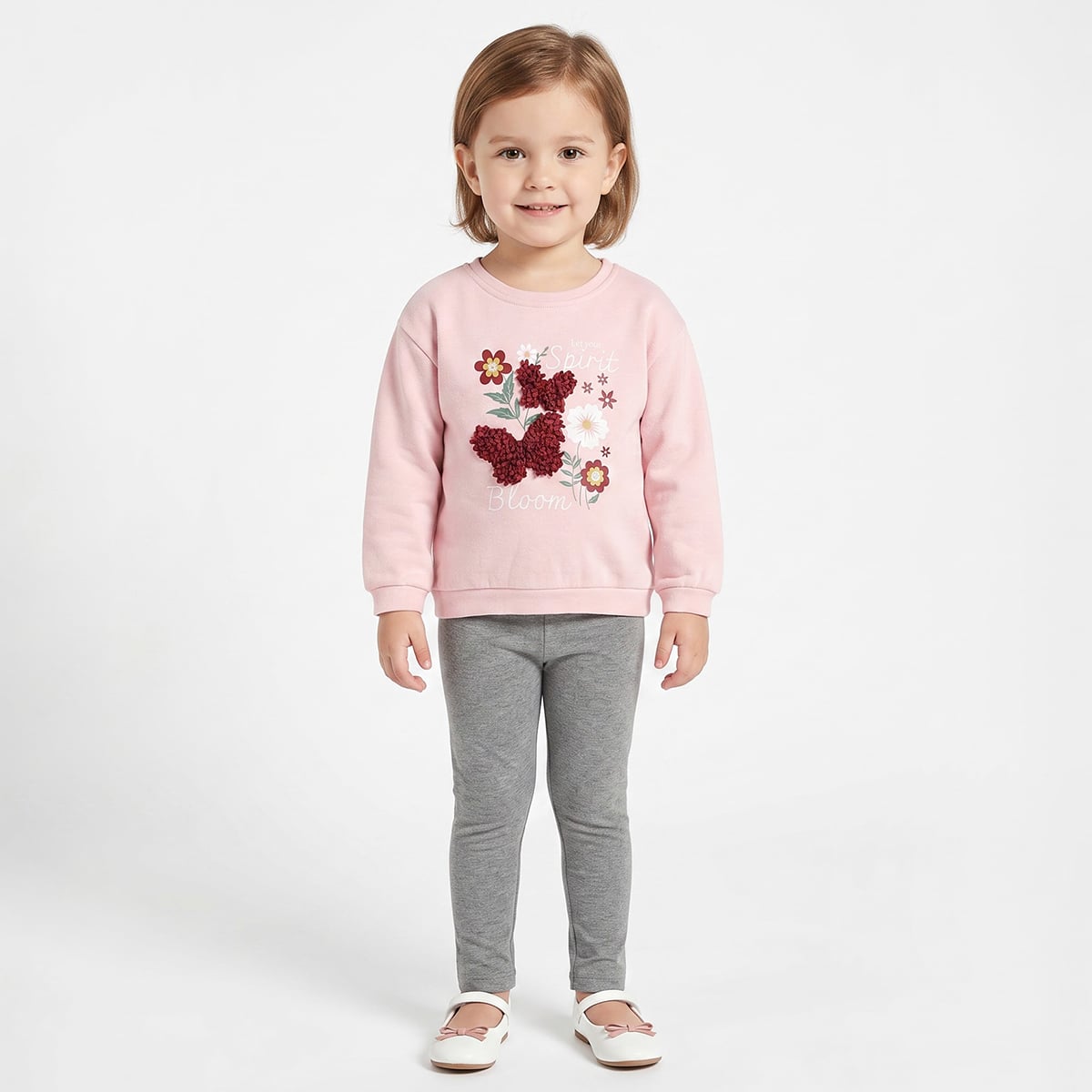Baby Girls Pink Cotton Blend Floral Print Sweatshirt With 3D Butterfly Applique Regular Fit Casual Wear