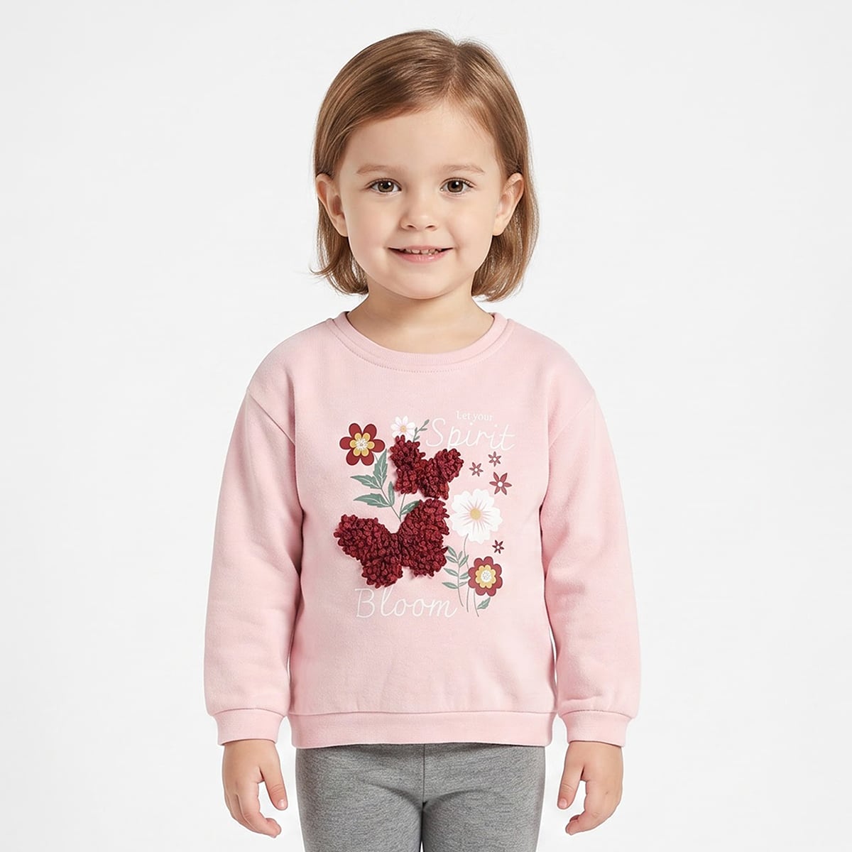 Baby Girls Pink Cotton Blend Floral Print Sweatshirt With 3D Butterfly Applique Regular Fit Casual Wear