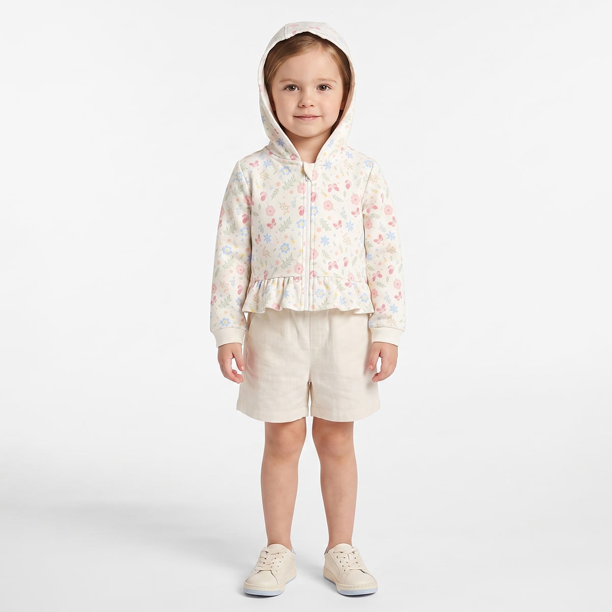 Baby Girls Cream Cotton Blend Floral And Butterfly Printed Hooded Sweatshirt Regular Fit Casual Wear