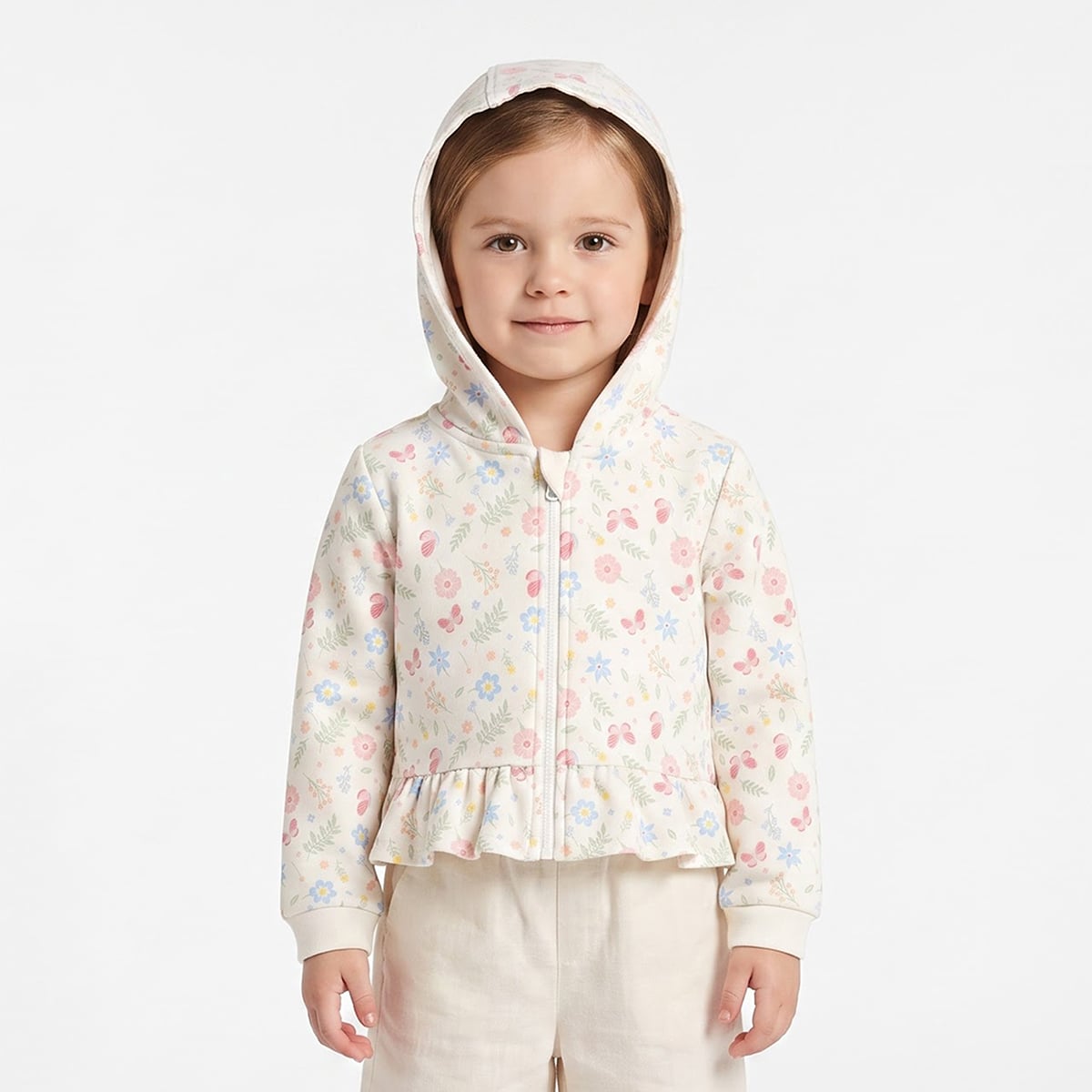 Baby Girls Cream Cotton Blend Floral And Butterfly Printed Hooded Sweatshirt Regular Fit Casual Wear