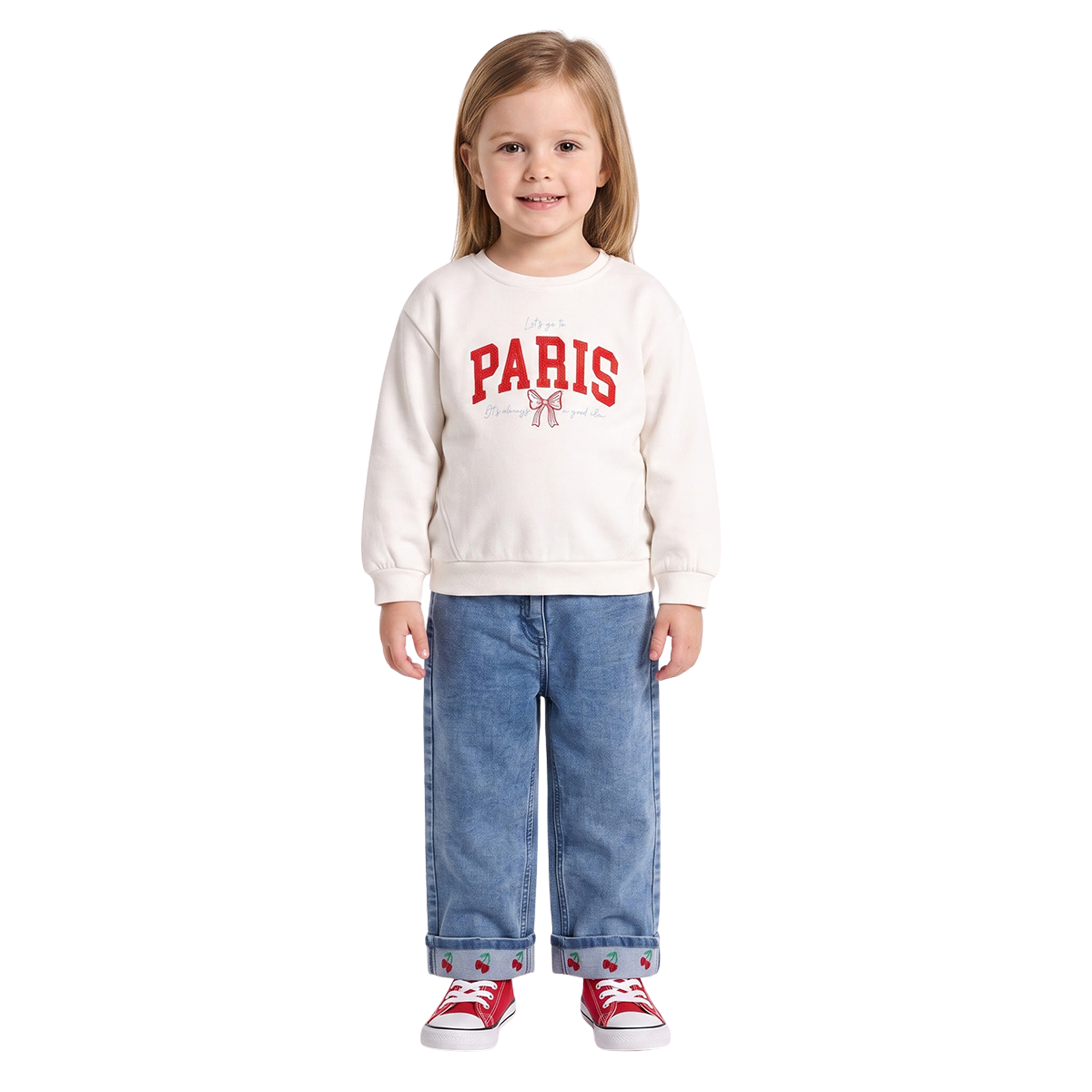 Girls White Cotton Blend Paris Applique Sweatshirt Full Sleeve