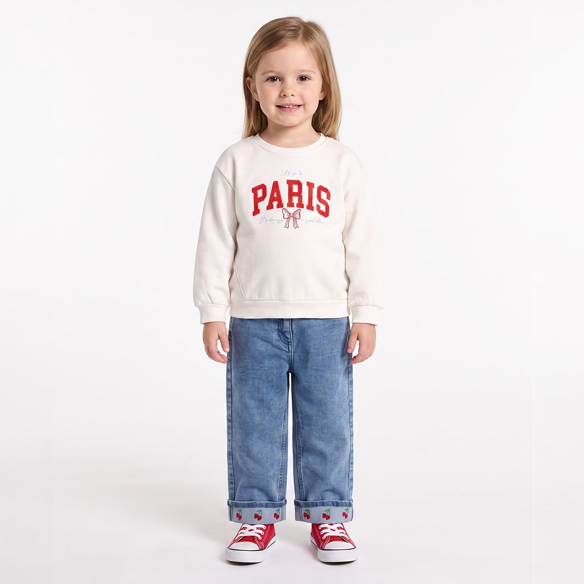 Girls White Cotton Blend Paris Applique Sweatshirt Full Sleeve Casual Wear