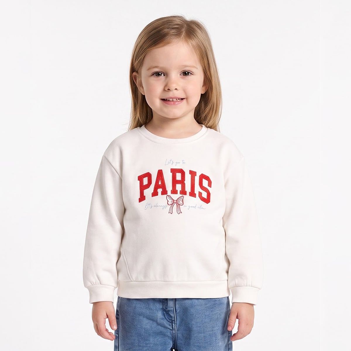 Girls White Cotton Blend Paris Applique Sweatshirt Full Sleeve Casual Wear