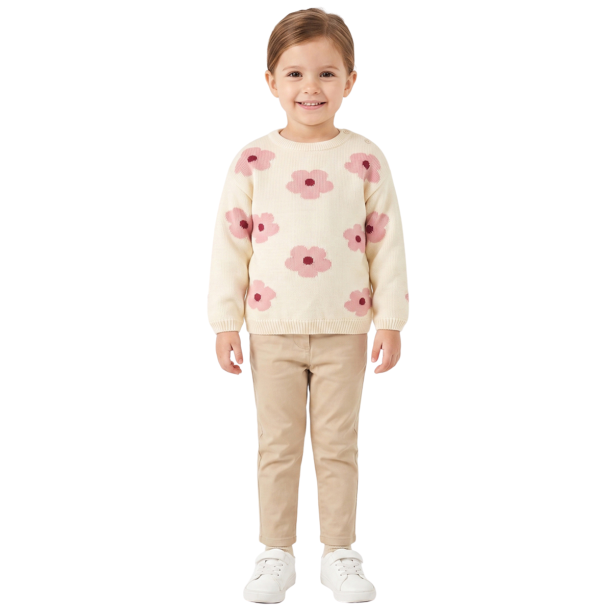 Baby Girls Off White Cotton Blend Floral Knitted Sweater Regular Fit