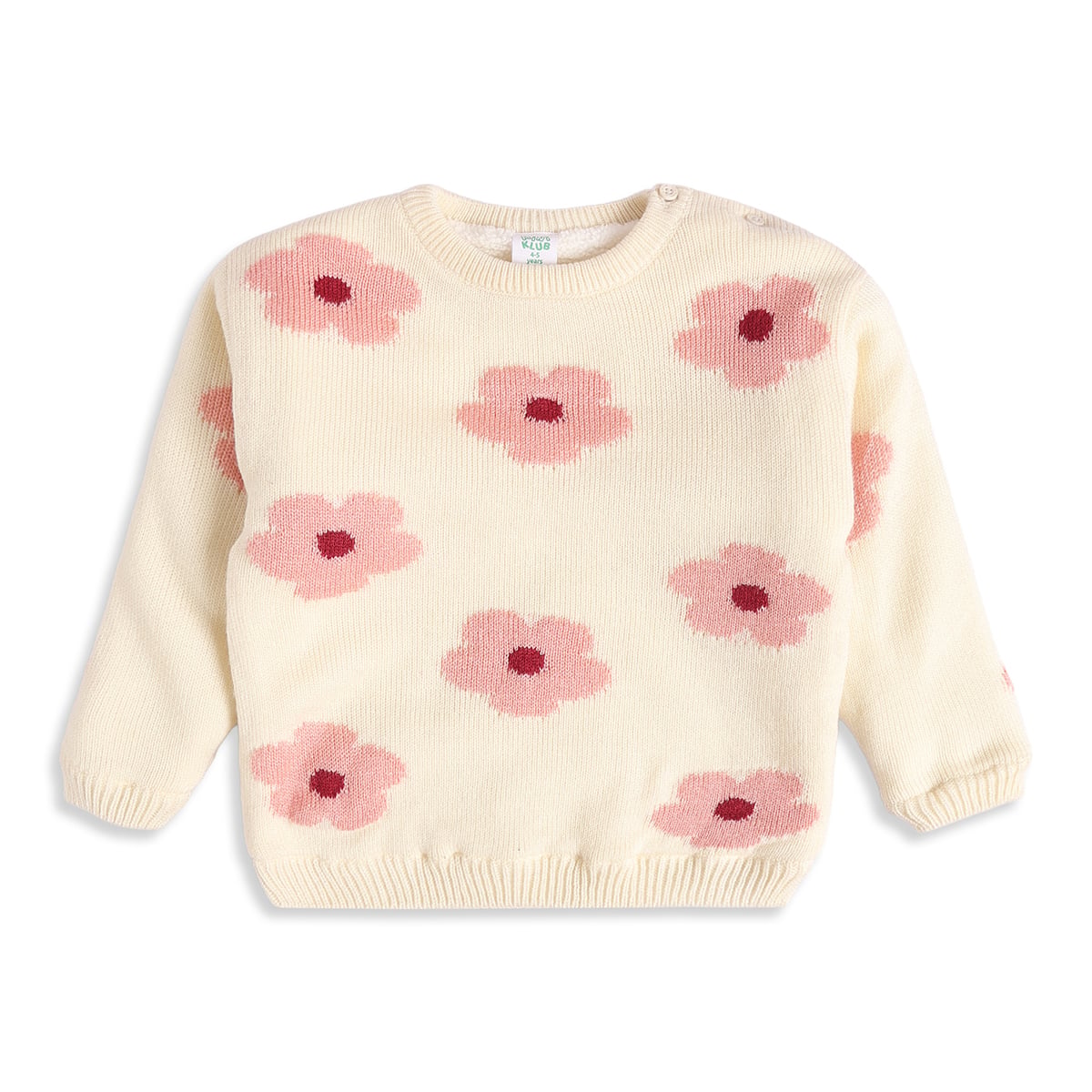 Baby Girls Off-White Cotton Blend Floral Knitted Sweater Regular Fit Casual Wear