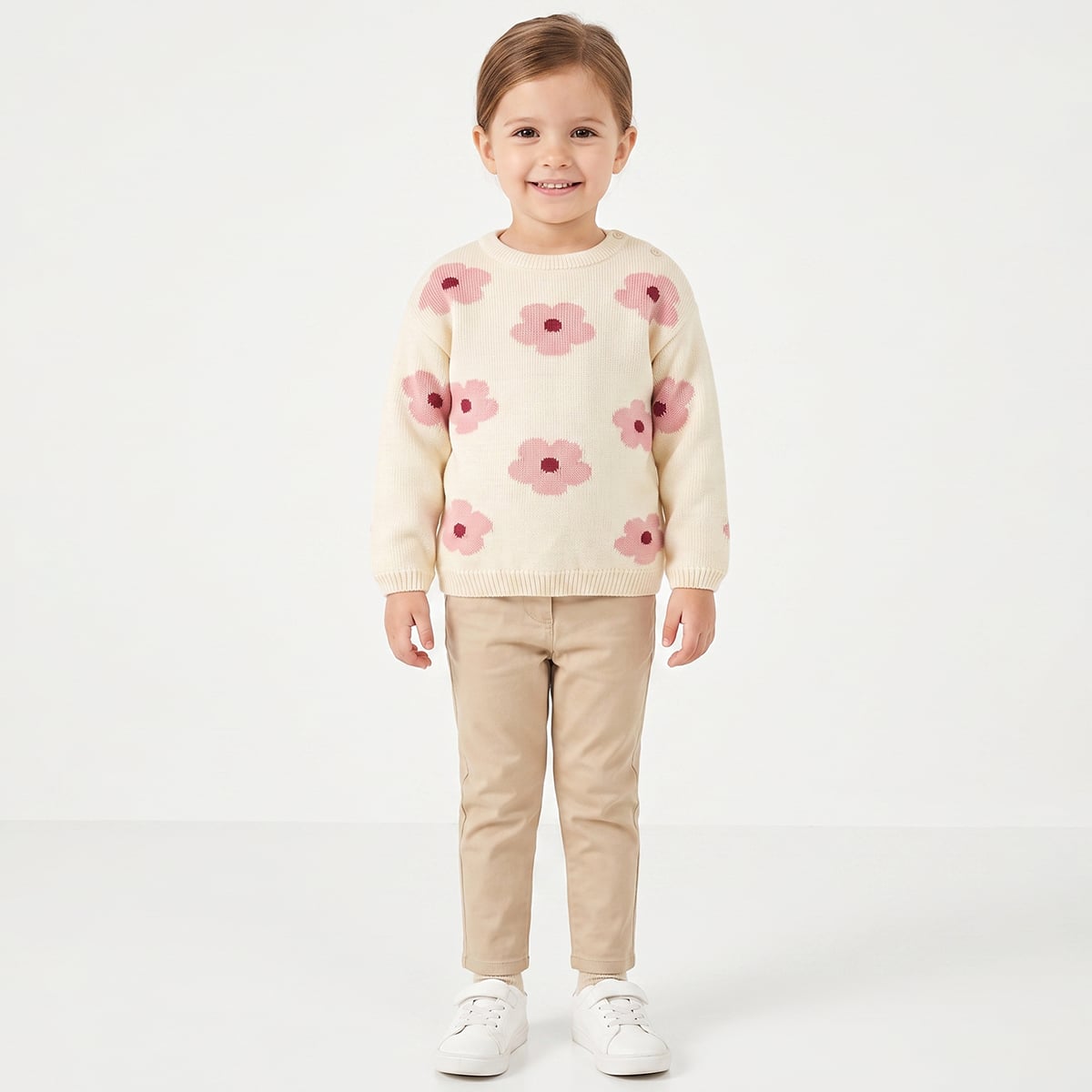 Baby Girls Off-White Cotton Blend Floral Knitted Sweater Regular Fit Casual Wear