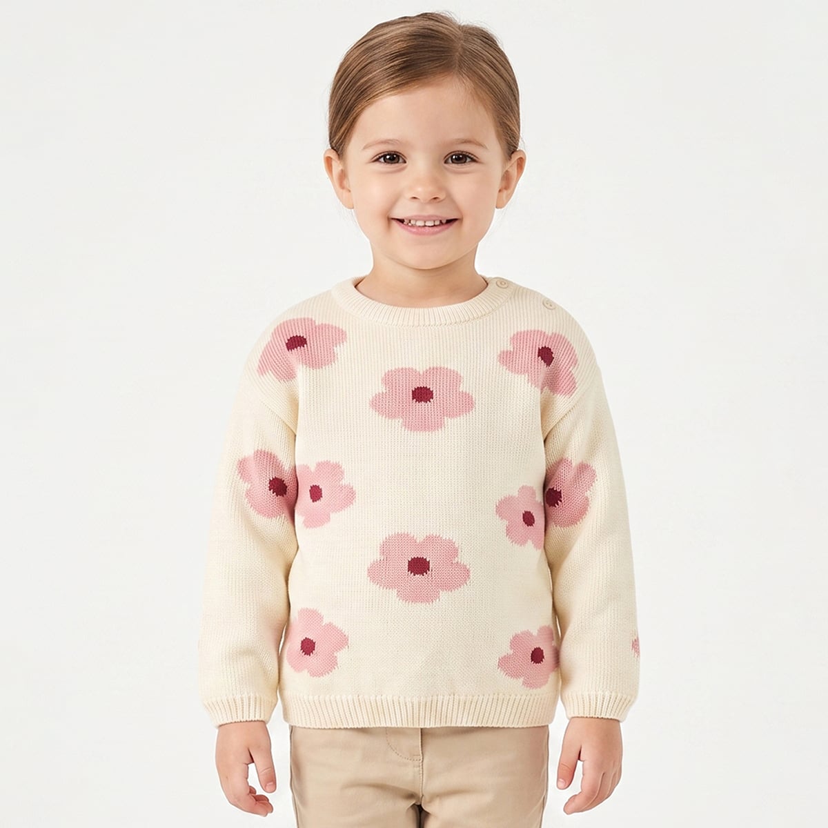 Baby Girls Off-White Cotton Blend Floral Knitted Sweater Regular Fit Casual Wear
