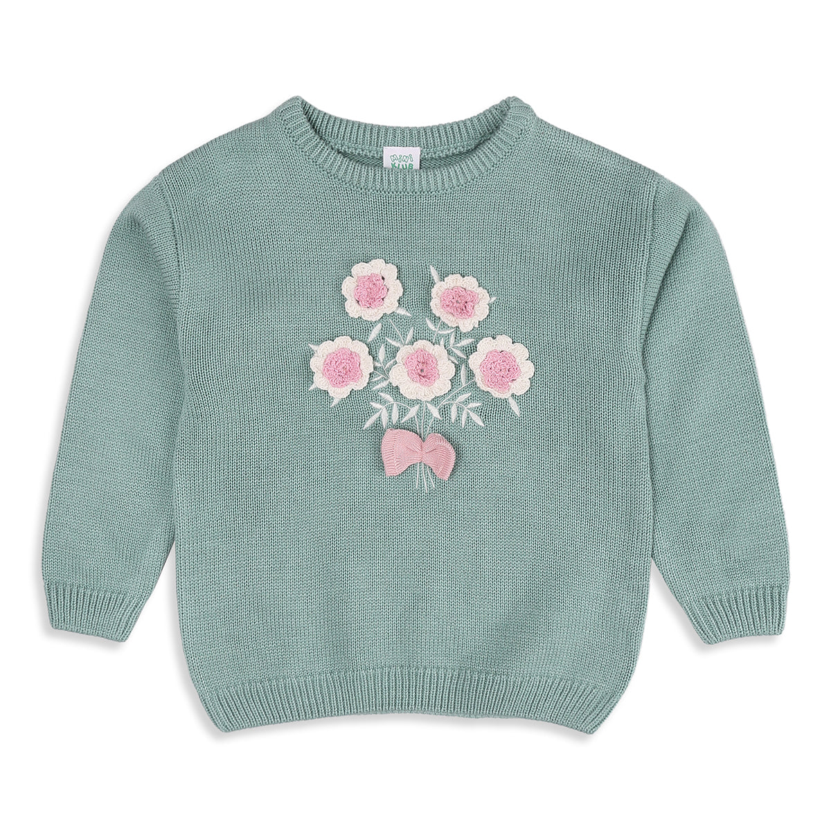 Girls Sea Green Acrylic Blend Floral Applique Sweater Regular Fit