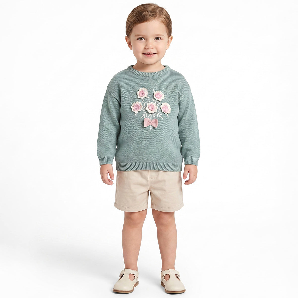 Girls Sea Green Acrylic Blend Floral Applique Sweater Regular Fit