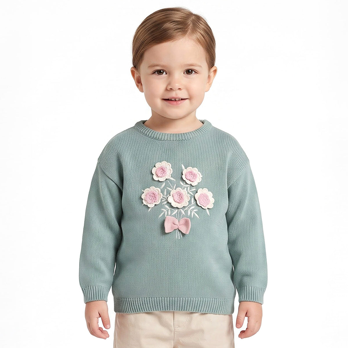 Girls Sea Green Acrylic Blend Floral Applique Sweater Regular Fit