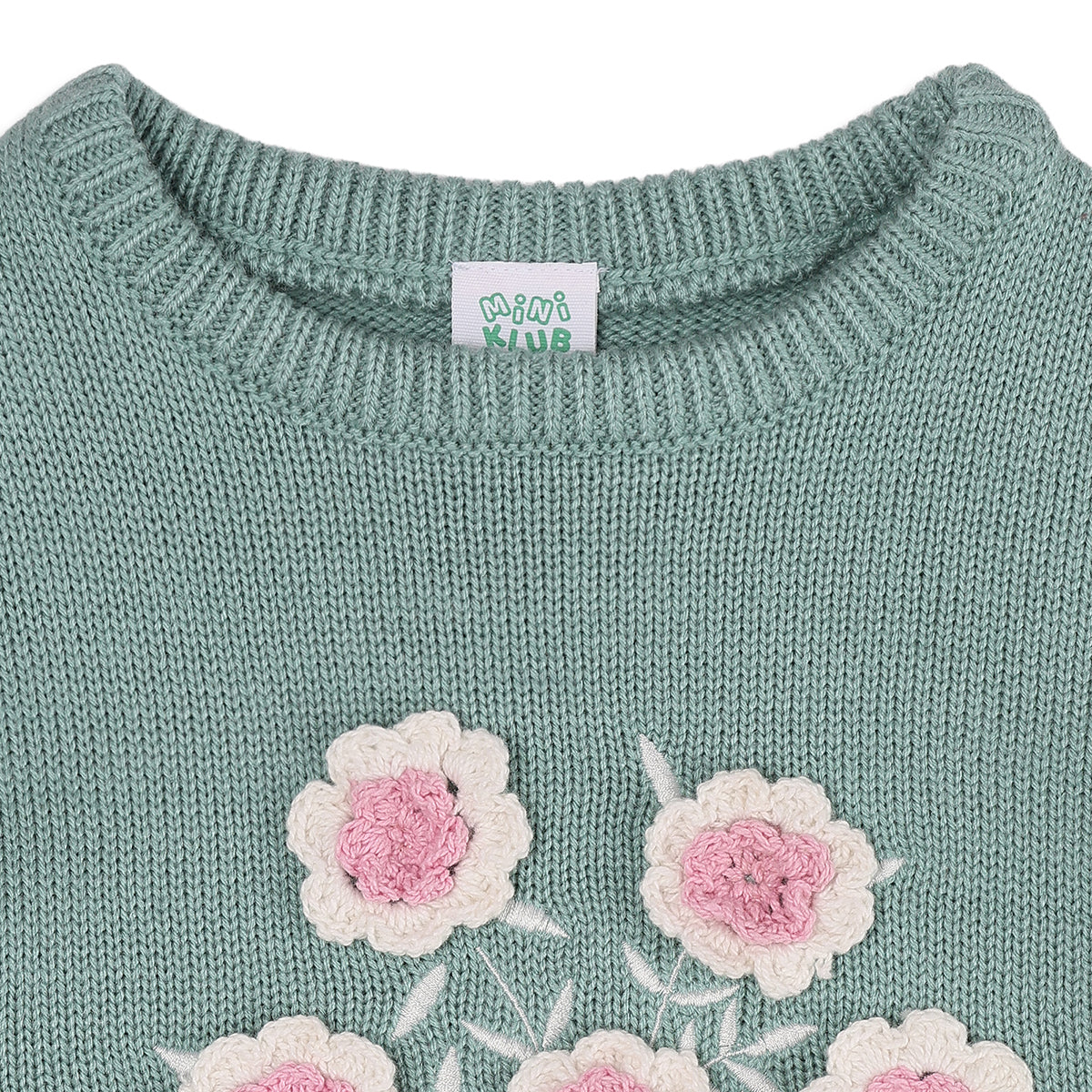 Girls Sea Green Acrylic Blend Floral Applique Sweater Regular Fit