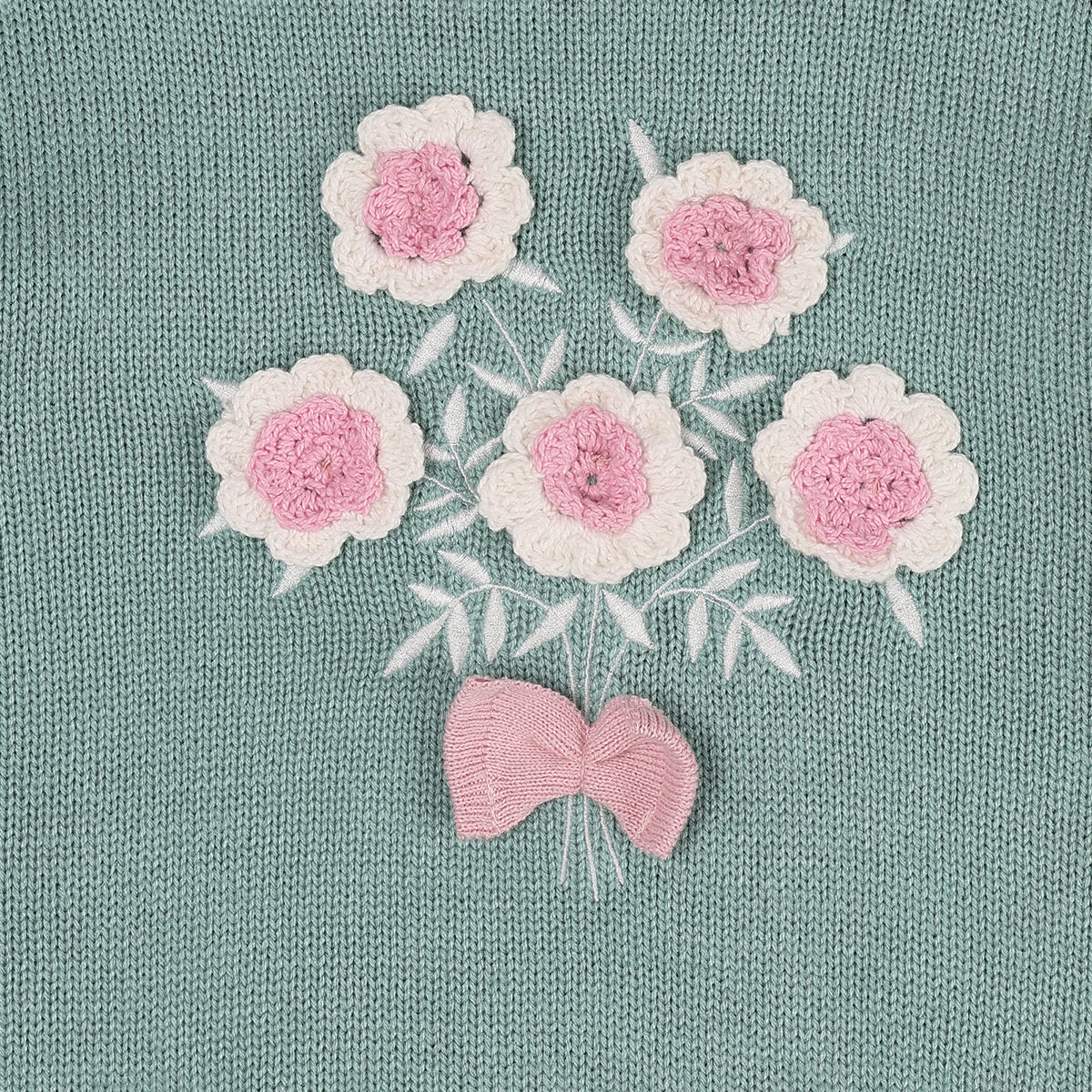 Girls Sea Green Acrylic Blend Floral Applique Sweater Regular Fit