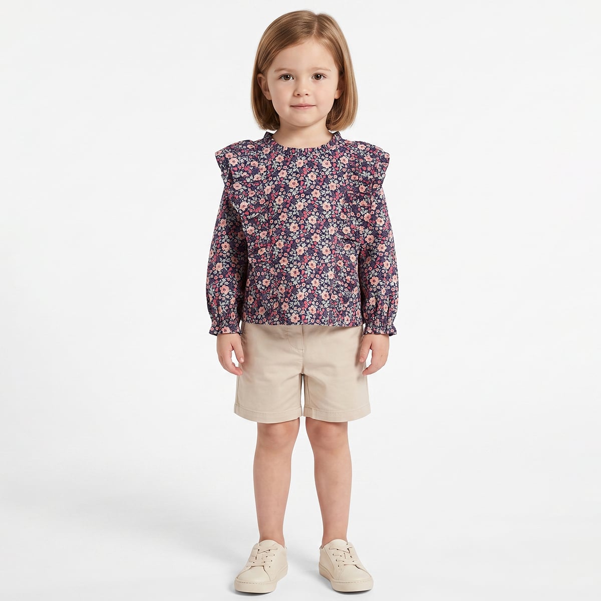 Baby Girls Navy Blue Cotton Blend Floral Print Ruffle Top Regular Fit Casual Wear