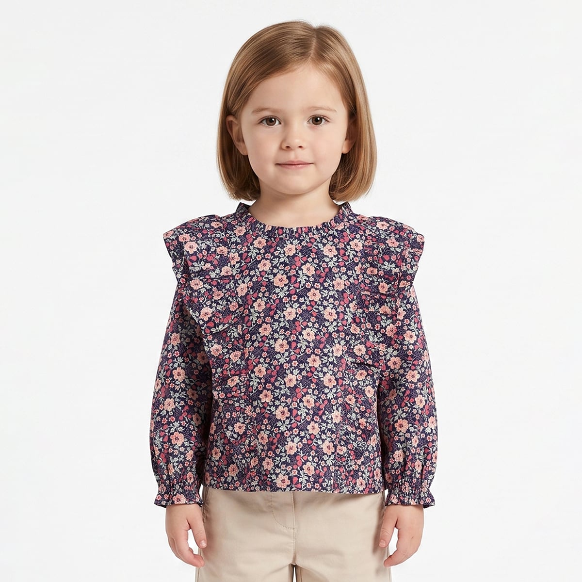 Baby Girls Navy Blue Cotton Blend Floral Print Ruffle Top Regular Fit Casual Wear
