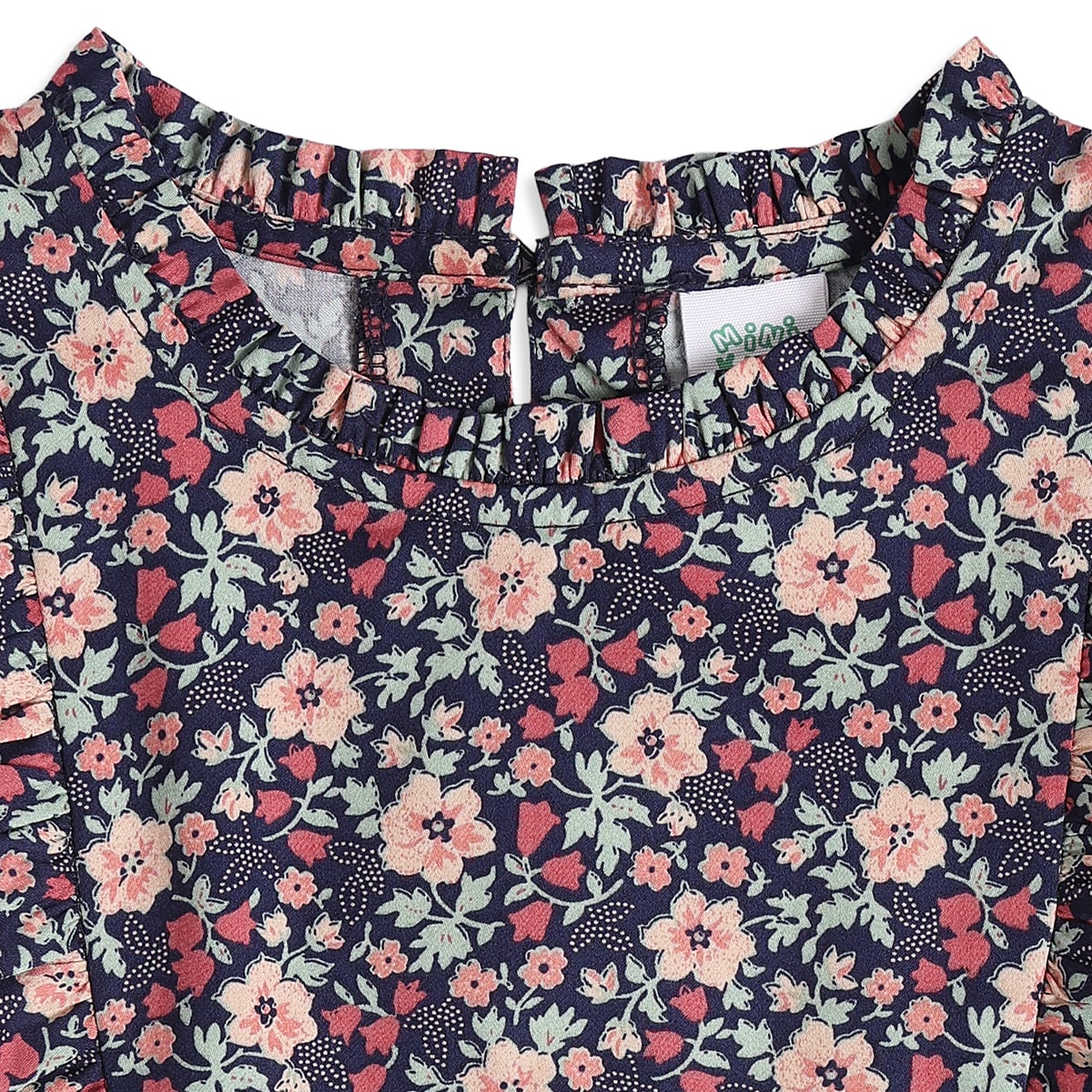 Baby Girls Navy Blue Cotton Blend Floral Print Ruffle Top Regular Fit Casual Wear