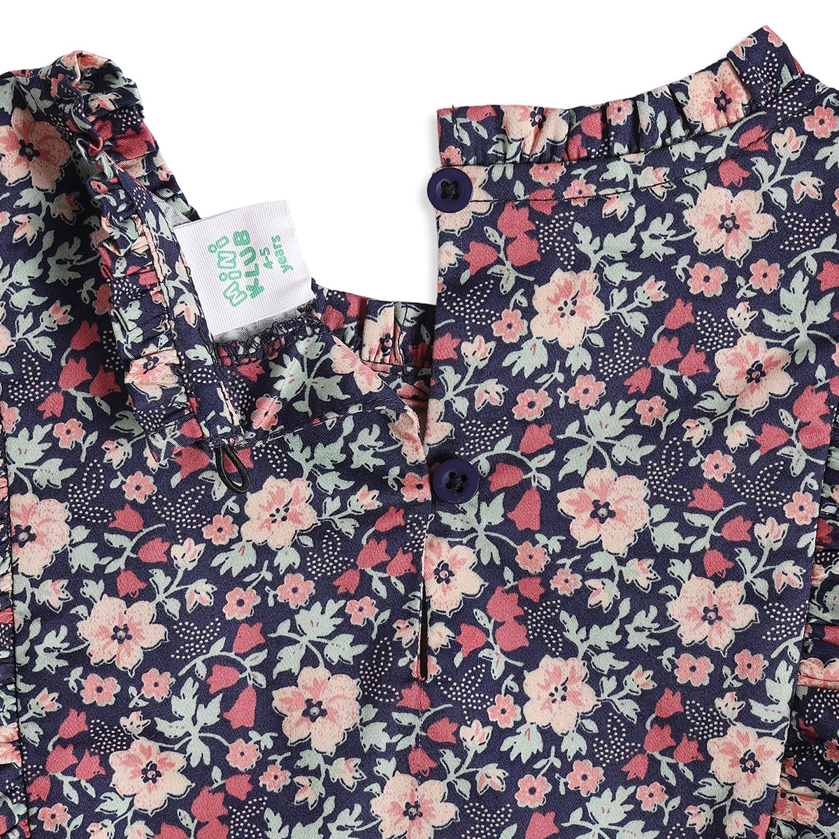 Baby Girls Navy Blue Cotton Blend Floral Print Ruffle Top Regular Fit Casual Wear