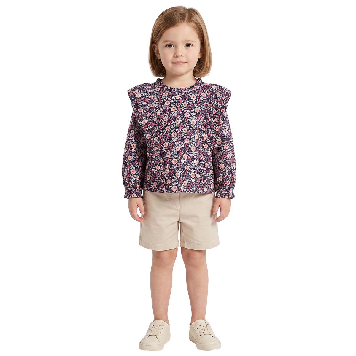 Baby Girls Navy Blue Cotton Blend Floral Print Ruffle Top Regular Fit