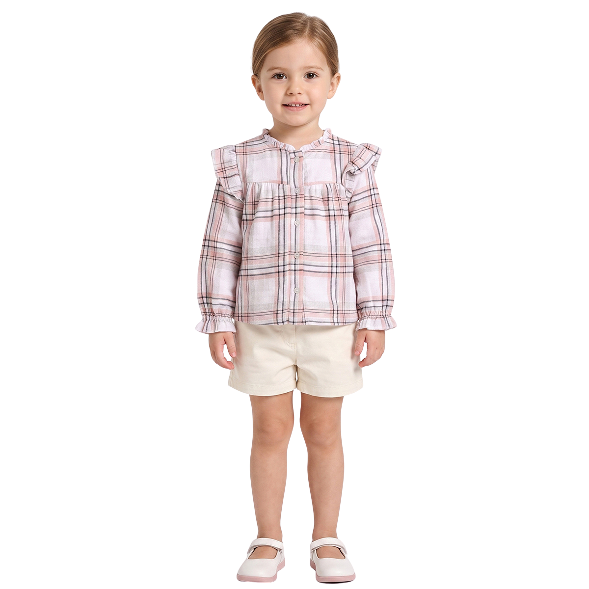 Baby Girls Pink White and Black Cotton Checked Ruffle Top Regular Fit