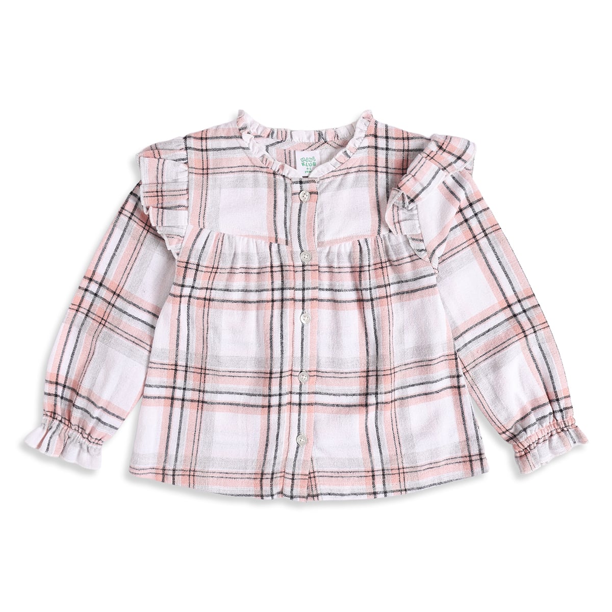 Baby Girls Pink White And Black Cotton Checked Ruffle Top Regular Fit Casual Wear