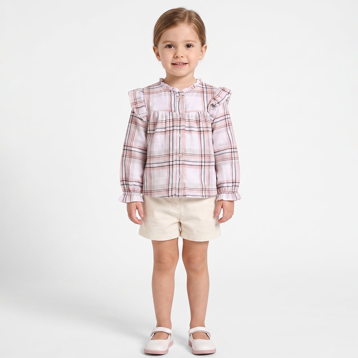 Baby Girls Pink White And Black Cotton Checked Ruffle Top Regular Fit Casual Wear