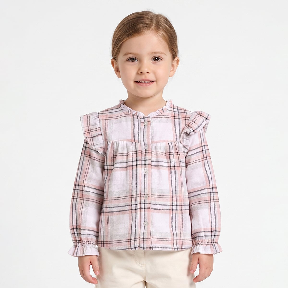 Baby Girls Pink White And Black Cotton Checked Ruffle Top Regular Fit Casual Wear
