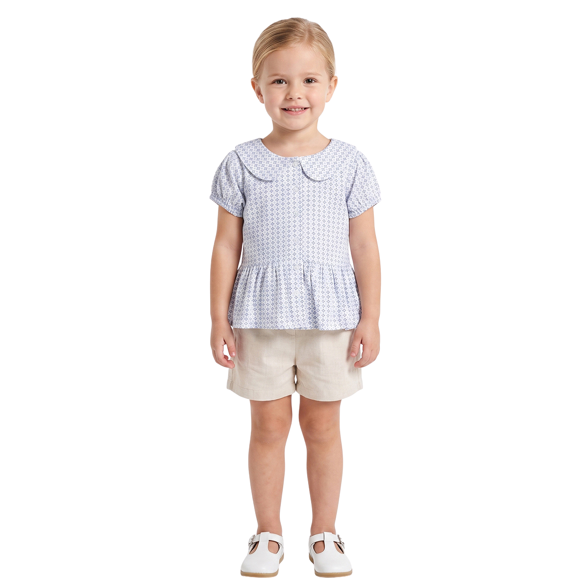 Baby Girls White and Blue Cotton Geometric Printed Peplum Top Regular