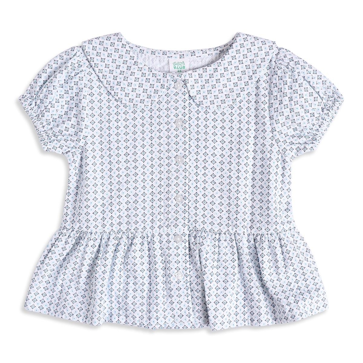 Baby Girls White And Blue Cotton Geometric Printed Peplum Top Regular Fit Casual Wear